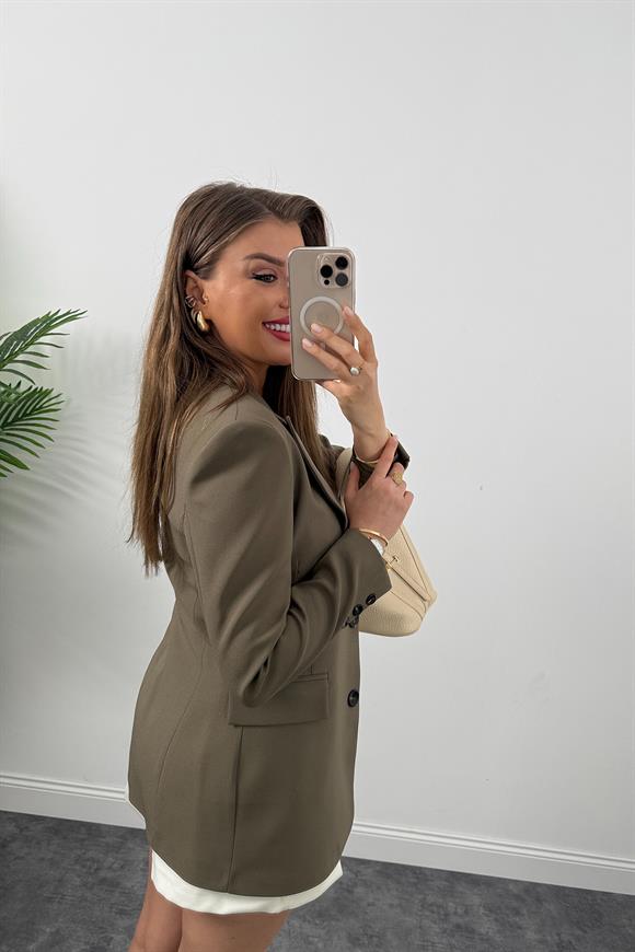 Premium Kalite Belden Oturtmalı Double Atlas Kumaş Ceket Normal Haki