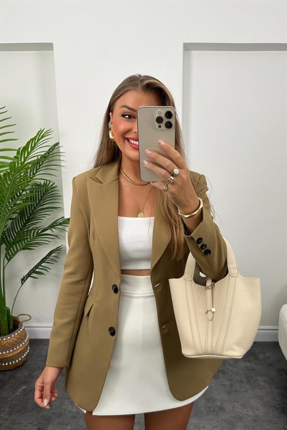 Premium Kalite Belden Oturtmalı Double Atlas Kumaş Ceket Olive