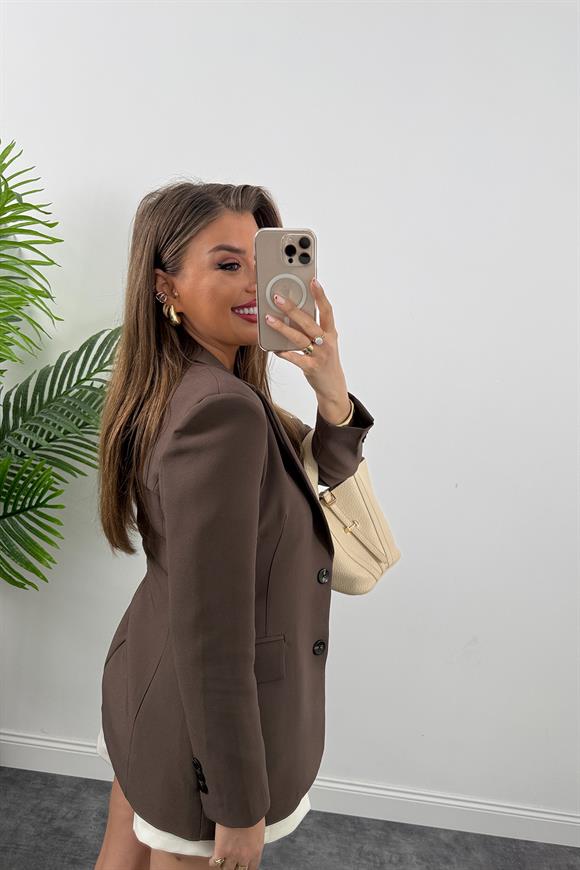 Premium Kalite Belden Oturtmalı Double Atlas Kumaş Ceket Koyu Kahve