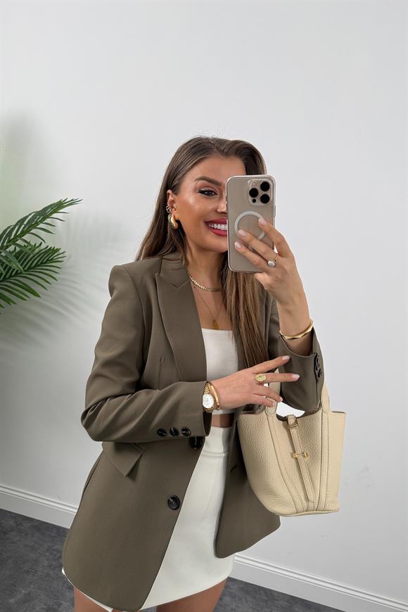 Premium Kalite Belden Oturtmalı Double Atlas Kumaş Ceket Normal Haki