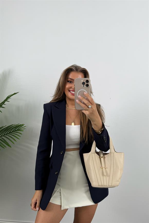 Premium Kalite Belden Oturtmalı Double Atlas Kumaş Ceket Lacivert