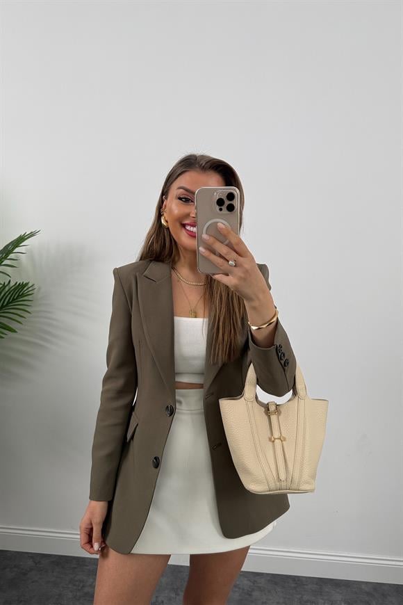 Premium Kalite Belden Oturtmalı Double Atlas Kumaş Ceket Normal Haki