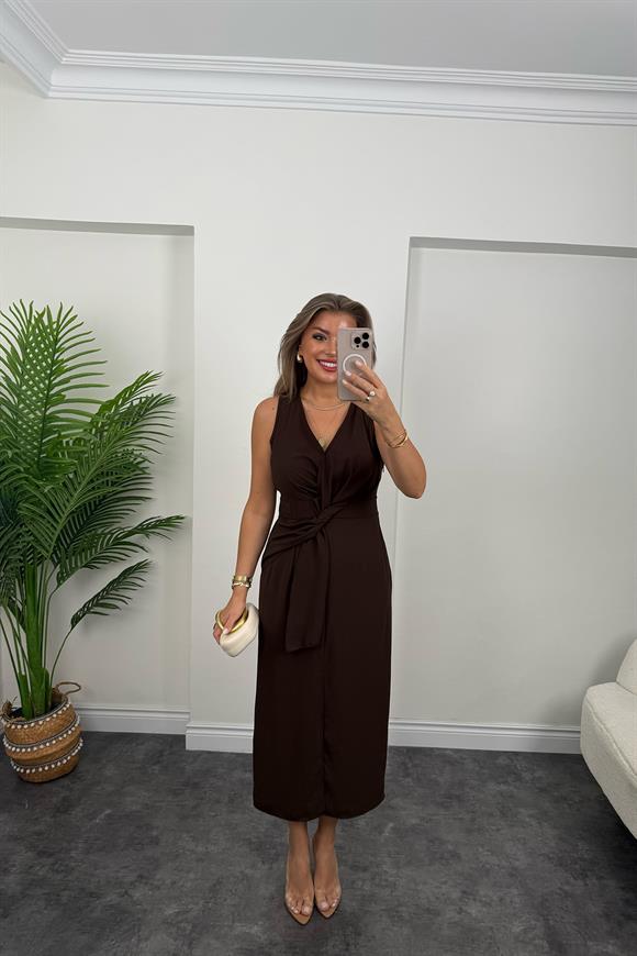 Premium Kalite Beli Düğümlü Kruvaze Midi Yırtmaçlı Elbise Acı Kahve