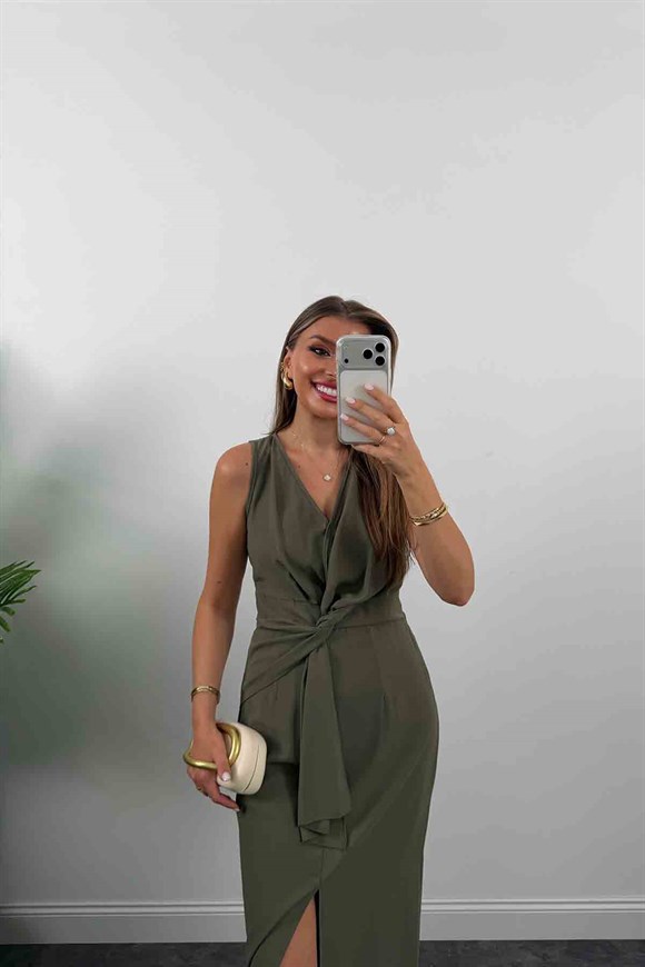 Premium Kalite Beli Düğümlü Kruvaze Midi Yırtmaçlı Elbise Haki 