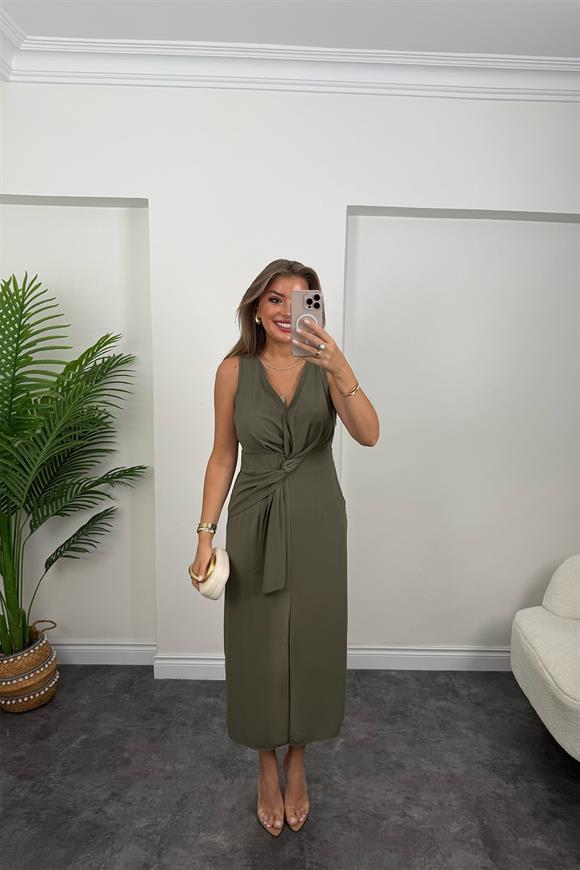 Premium Kalite Beli Düğümlü Kruvaze Midi Yırtmaçlı Elbise Haki