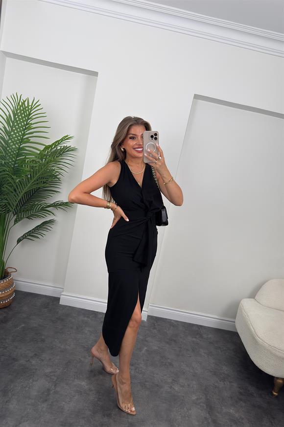 Premium Kalite Beli Düğümlü Kruvaze Midi Yırtmaçlı Elbise Siyah