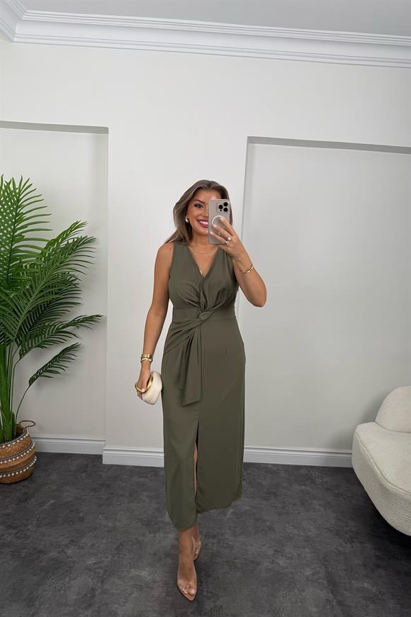 Premium Kalite Beli Düğümlü Kruvaze Midi Yırtmaçlı Elbise Haki