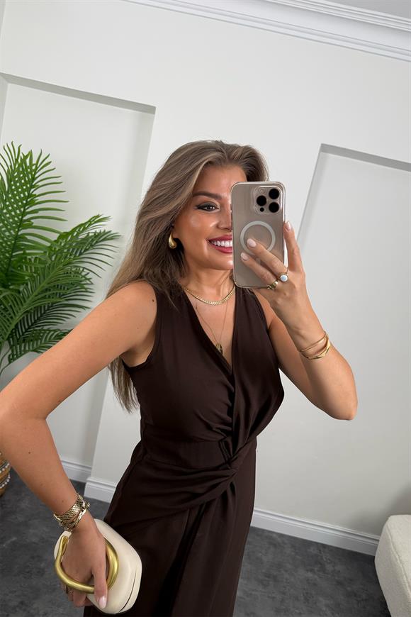 Premium Kalite Beli Düğümlü Kruvaze Midi Yırtmaçlı Elbise Acı Kahve