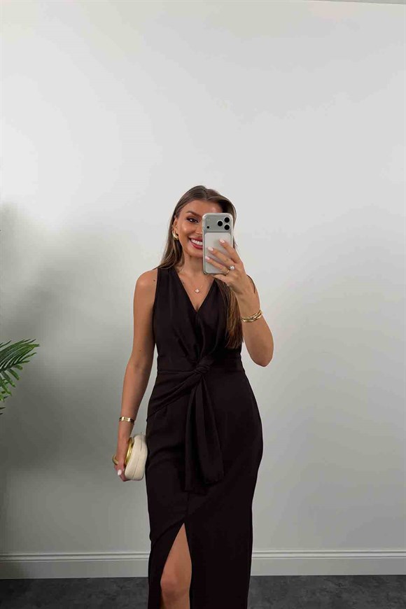 Premium Kalite Beli Düğümlü Kruvaze Midi Yırtmaçlı Elbise Acı Kahve 