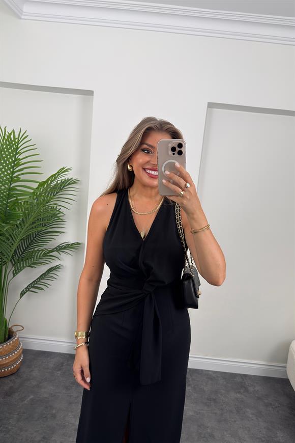 Premium Kalite Beli Düğümlü Kruvaze Midi Yırtmaçlı Elbise Siyah