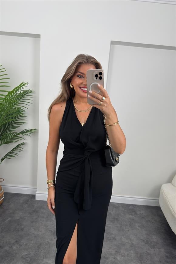 Premium Kalite Beli Düğümlü Kruvaze Midi Yırtmaçlı Elbise Siyah