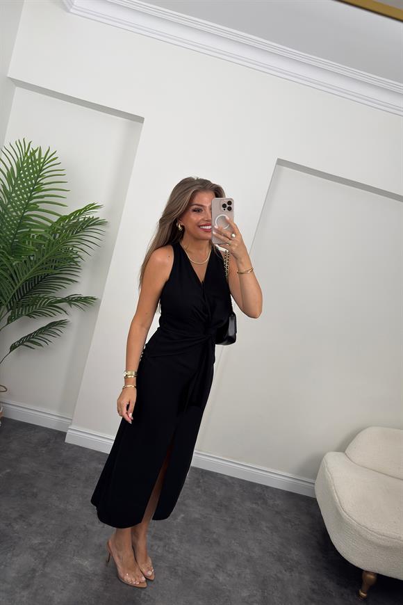 Premium Kalite Beli Düğümlü Kruvaze Midi Yırtmaçlı Elbise Siyah