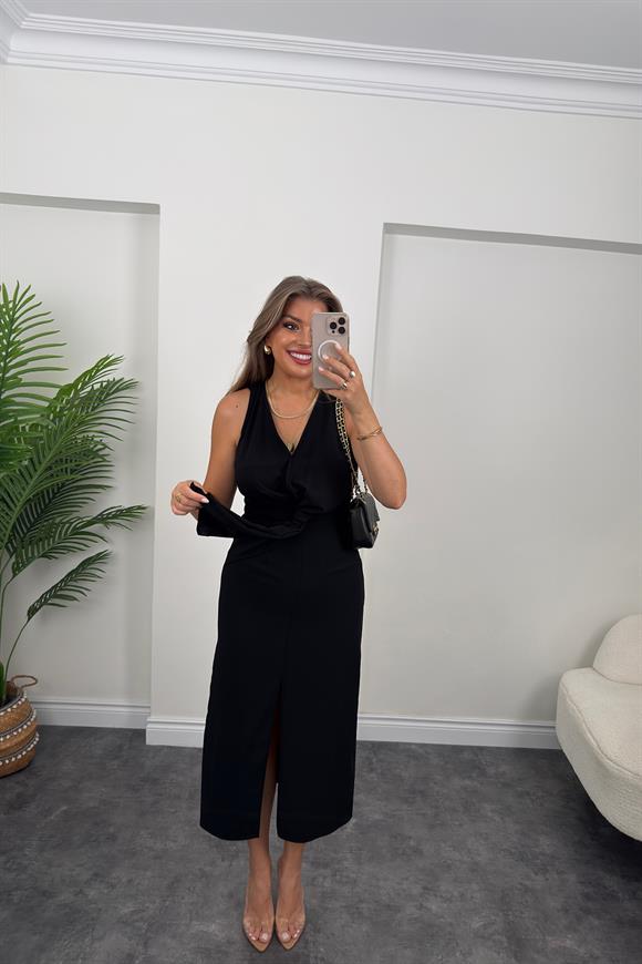 Premium Kalite Beli Düğümlü Kruvaze Midi Yırtmaçlı Elbise Siyah