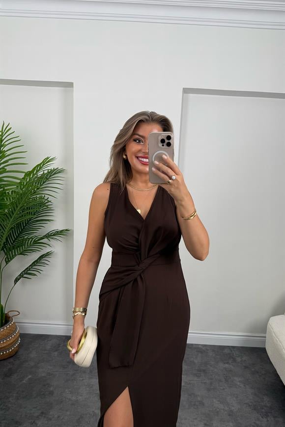 Premium Kalite Beli Düğümlü Kruvaze Midi Yırtmaçlı Elbise Acı Kahve