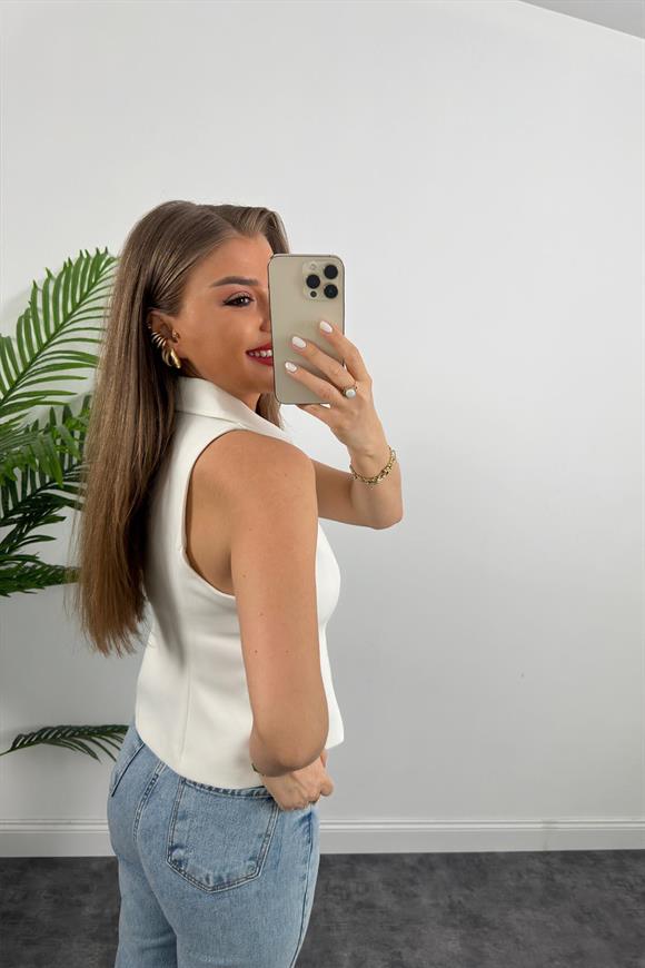 Premium Kalite Double Atlas Kumaş Astarlı Fermuarlı Tasarım Yelek Beyaz