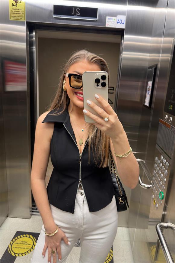 Premium Kalite Double Atlas Kumaş Astarlı Fermuarlı Tasarım Yelek Siyah