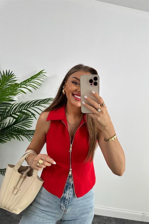 Premium Kalite Double Atlas Kumaş Astarlı Fermuarlı Tasarım Yelek Kırmızı