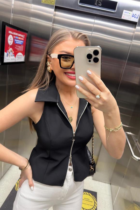 Premium Kalite Double Atlas Kumaş Astarlı Fermuarlı Tasarım Yelek Siyah