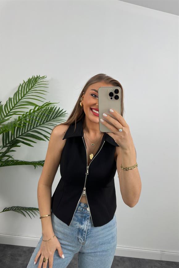 Premium Kalite Double Atlas Kumaş Astarlı Fermuarlı Tasarım Yelek Siyah