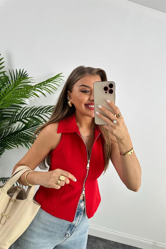 Premium Kalite Double Atlas Kumaş Astarlı Fermuarlı Tasarım Yelek Kırmızı