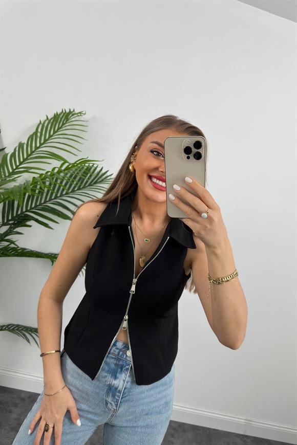 Premium Kalite Double Atlas Kumaş Astarlı Fermuarlı Tasarım Yelek Siyah