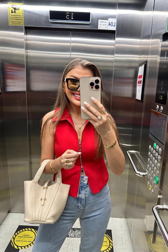 Premium Kalite Double Atlas Kumaş Astarlı Fermuarlı Tasarım Yelek Kırmızı