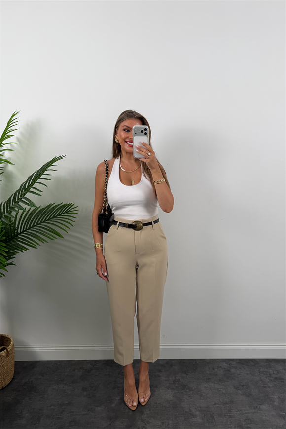 Premium Kalite Double Kumaş Kemerli Flatolu Pantolon Taş