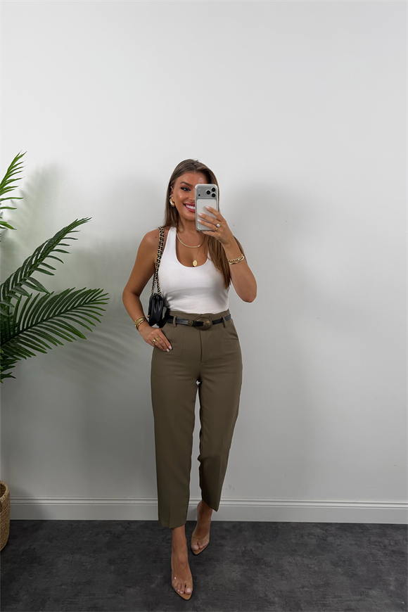 Premium Kalite Double Kumaş Kemerli Flatolu Pantolon Haki