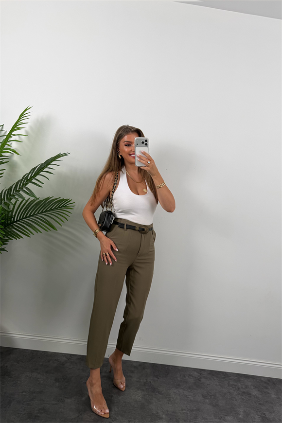 Premium Kalite Double Kumaş Kemerli Flatolu Pantolon Haki