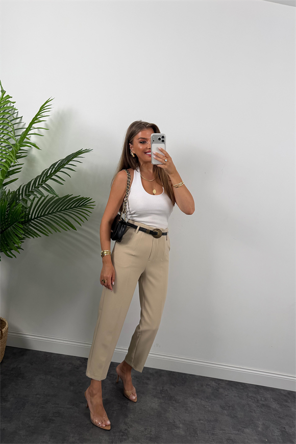 Premium Kalite Double Kumaş Kemerli Flatolu Pantolon Taş