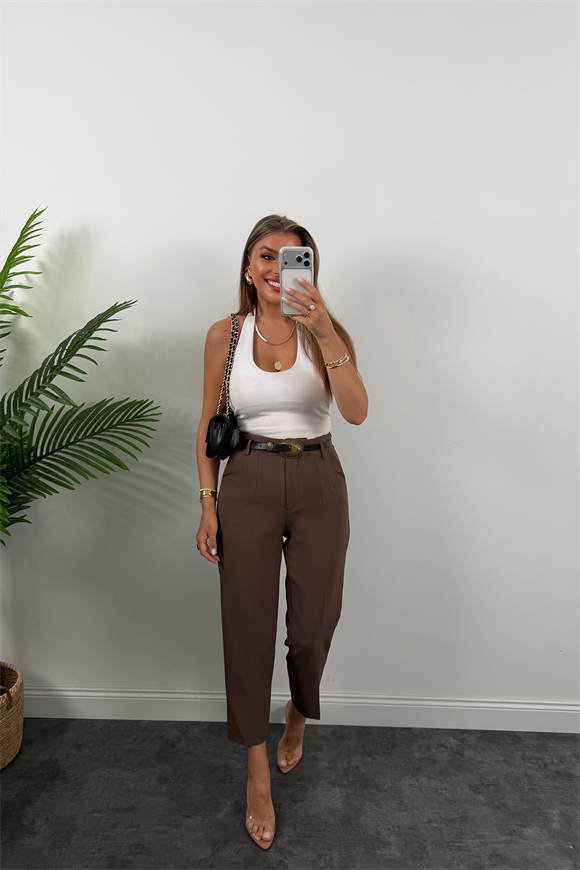 Premium Kalite Double Kumaş Kemerli Flatolu Pantolon Kahverengi