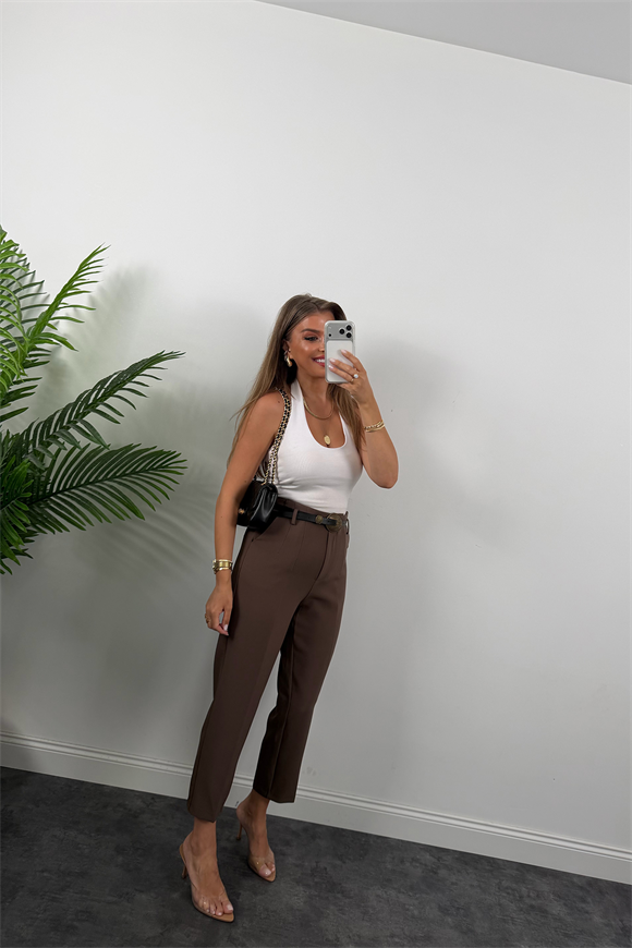 Premium Kalite Double Kumaş Kemerli Flatolu Pantolon Kahverengi