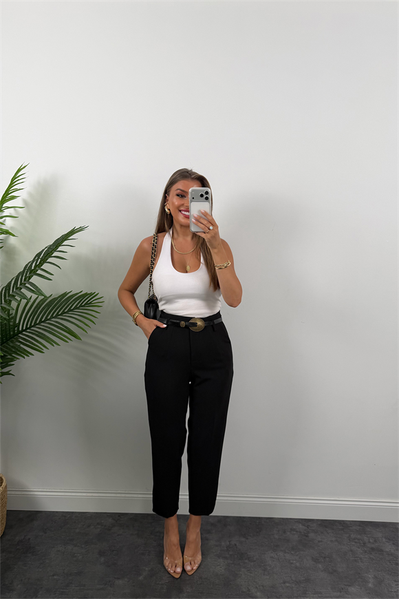 Premium Kalite Double Kumaş Kemerli Flatolu Pantolon Siyah