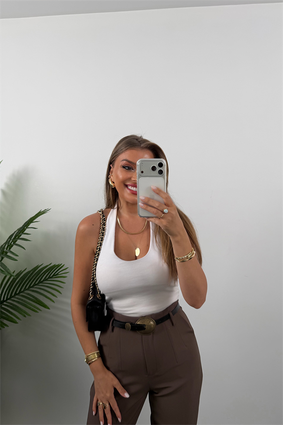 Premium Kalite Double Kumaş Kemerli Flatolu Pantolon Kahverengi