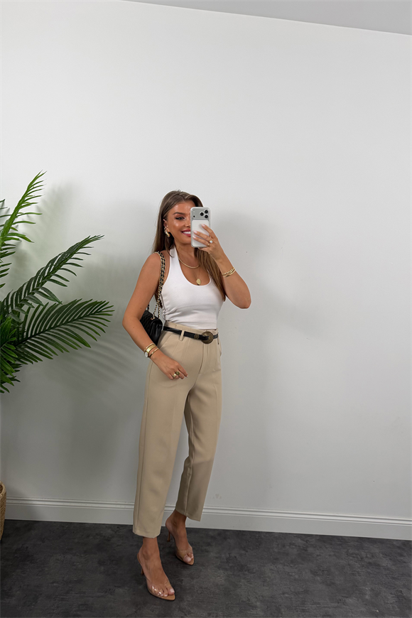 Premium Kalite Double Kumaş Kemerli Flatolu Pantolon Taş