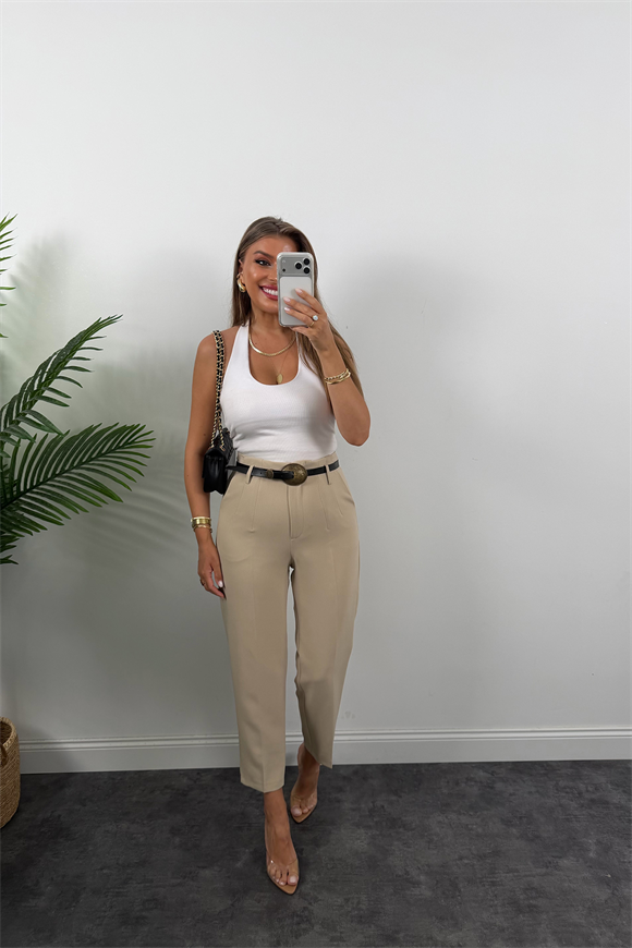 Premium Kalite Double Kumaş Kemerli Flatolu Pantolon Taş