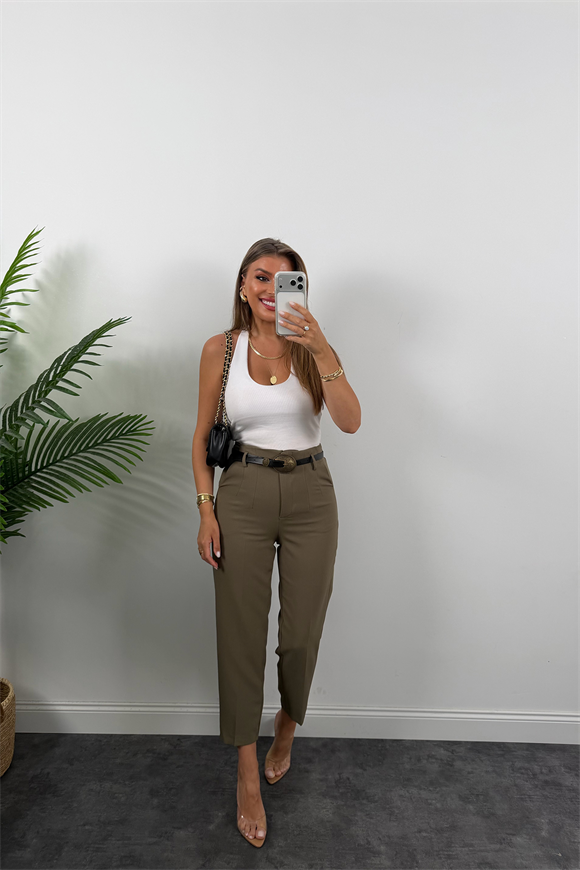 Premium Kalite Double Kumaş Kemerli Flatolu Pantolon Haki