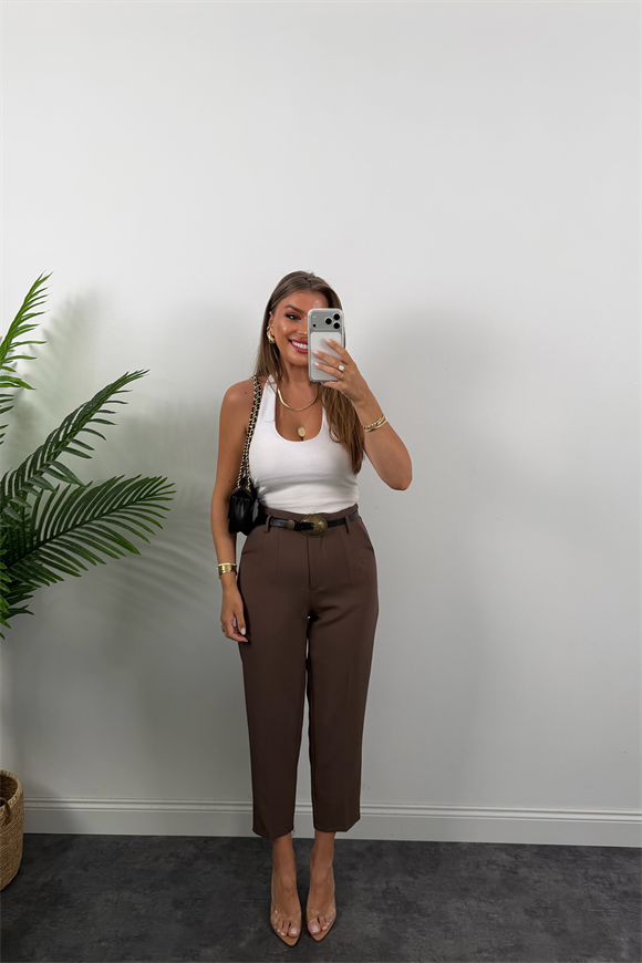 Premium Kalite Double Kumaş Kemerli Flatolu Pantolon Kahverengi