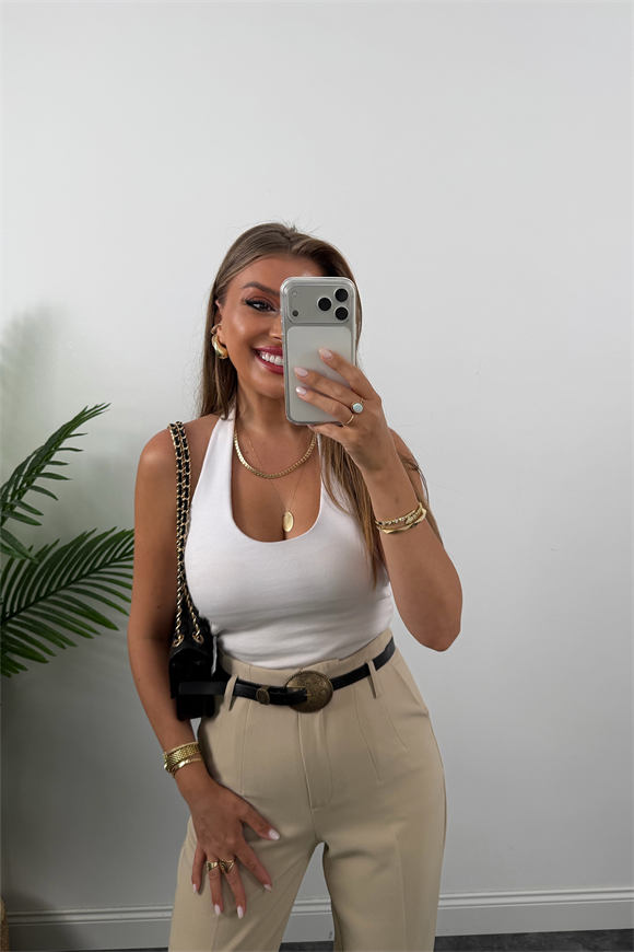 Premium Kalite Double Kumaş Kemerli Flatolu Pantolon Taş