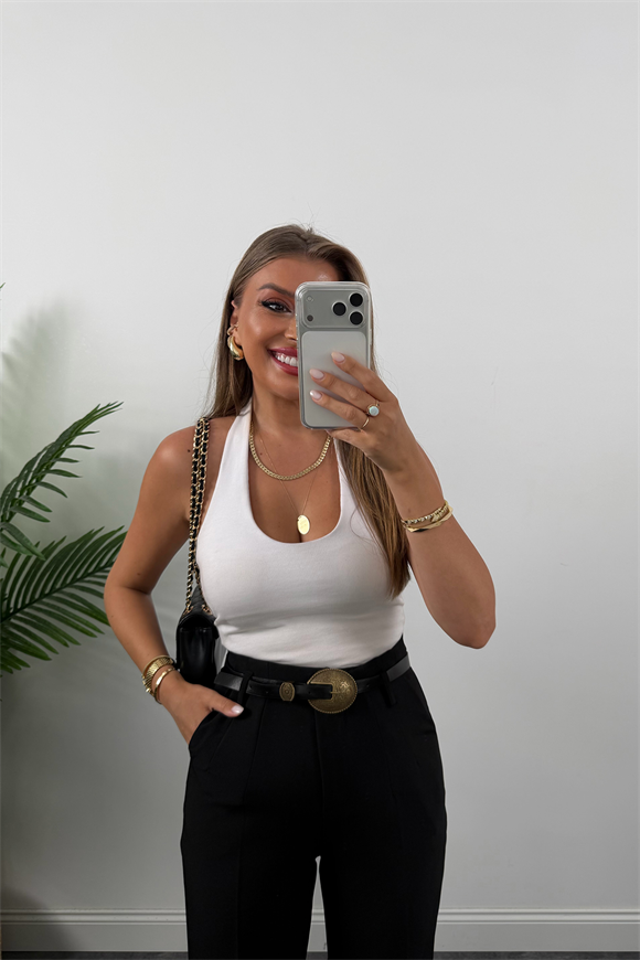 Premium Kalite Double Kumaş Kemerli Flatolu Pantolon Siyah