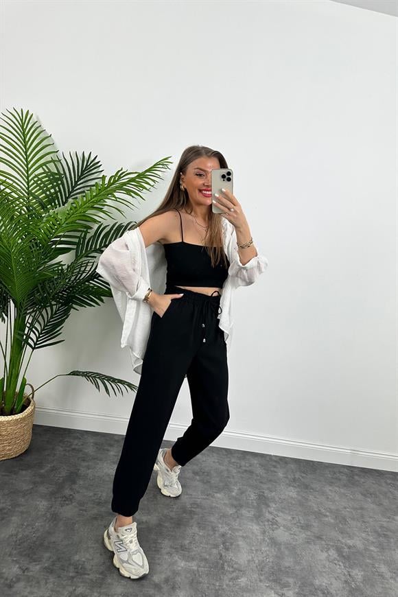 Premium Kalite Kalın Double Atlas Kumaş Arka Paçası Lastikli Jogger Siyah