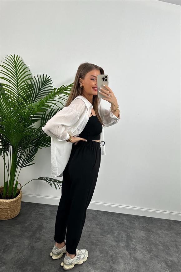 Premium Kalite Kalın Double Atlas Kumaş Arka Paçası Lastikli Jogger Siyah