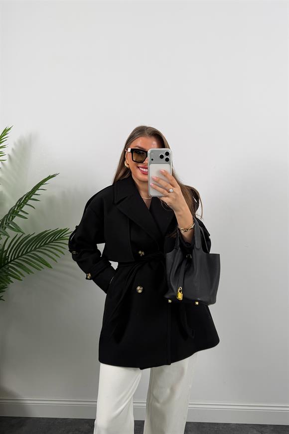 Premium Kalite Kaşe Trenç Kaban Siyah