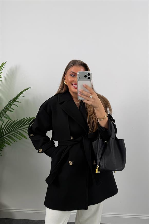 Premium Kalite Kaşe Trenç Kaban Siyah