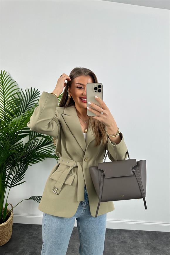 Premium Kalite Kemerli Astarlı Double Kalın Kumaş Blazer Ceket Haki