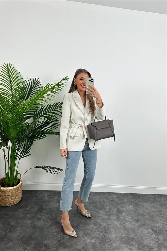Premium Kalite Kemerli Astarlı Double Kalın Kumaş Blazer Ceket Beyaz