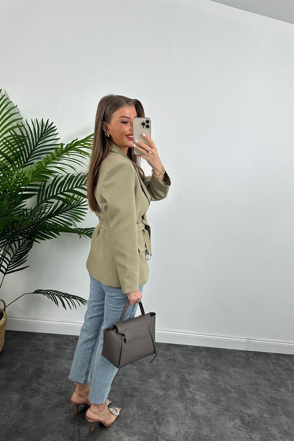 Premium Kalite Kemerli Astarlı Double Kalın Kumaş Blazer Ceket Haki