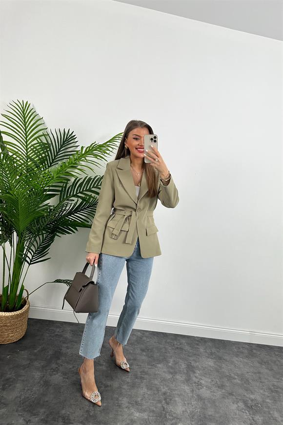 Premium Kalite Kemerli Astarlı Double Kalın Kumaş Blazer Ceket Haki