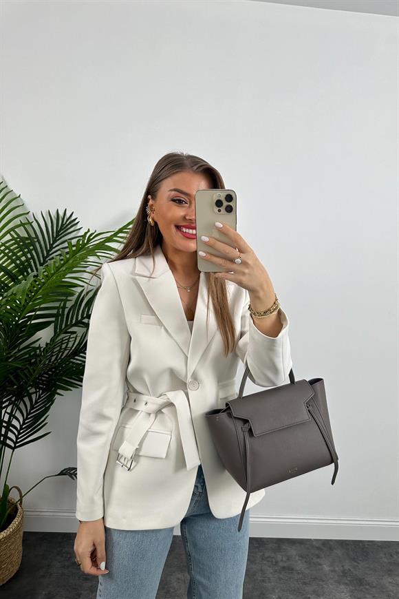 Premium Kalite Kemerli Astarlı Double Kalın Kumaş Blazer Ceket Beyaz