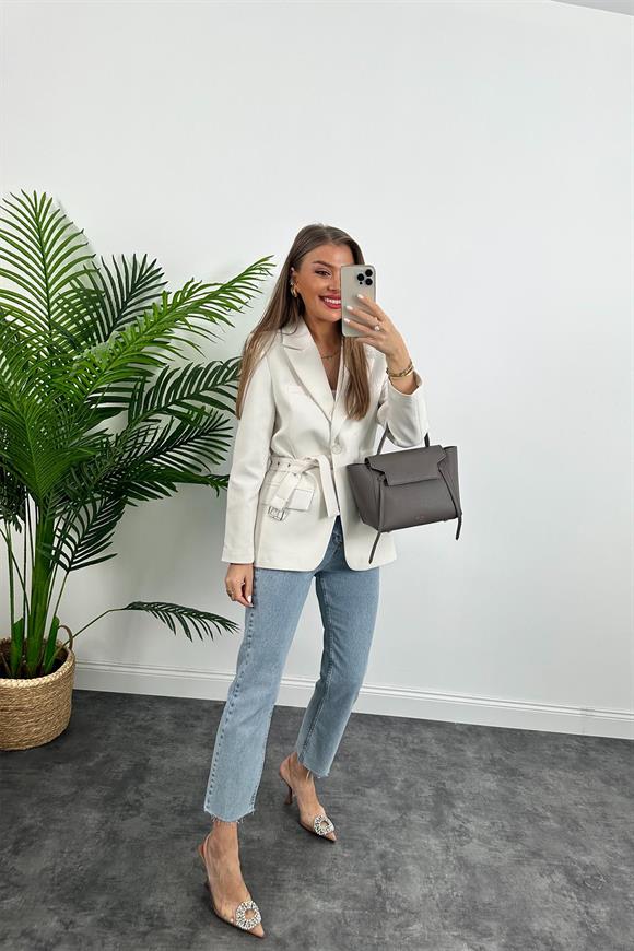 Premium Kalite Kemerli Astarlı Double Kalın Kumaş Blazer Ceket Beyaz